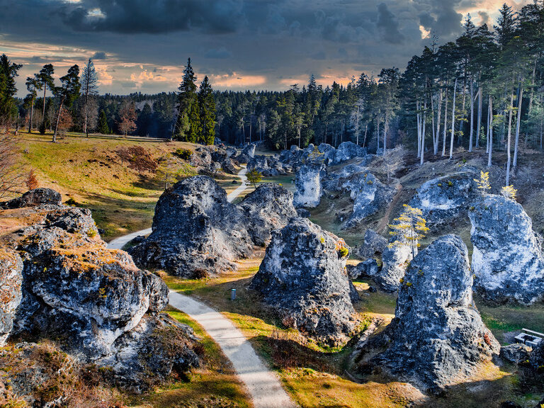 Ein dichter Wald mit Fichten und Tannen umgibt mächtige felsige Formationen.